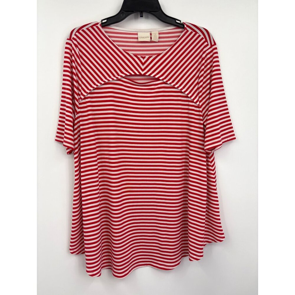 Chico's Stretch Striped Key Hole Short Sleeve Top Red White Sz 2 (12) Large